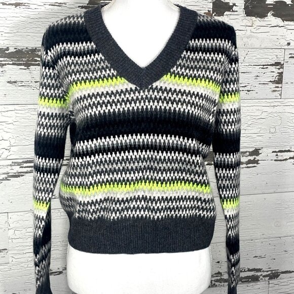 BRODIE Electric Fair Isle Cashmere Women’s Sweater Gray/Black/Lime Sz S NWT - Picture 1 of 4